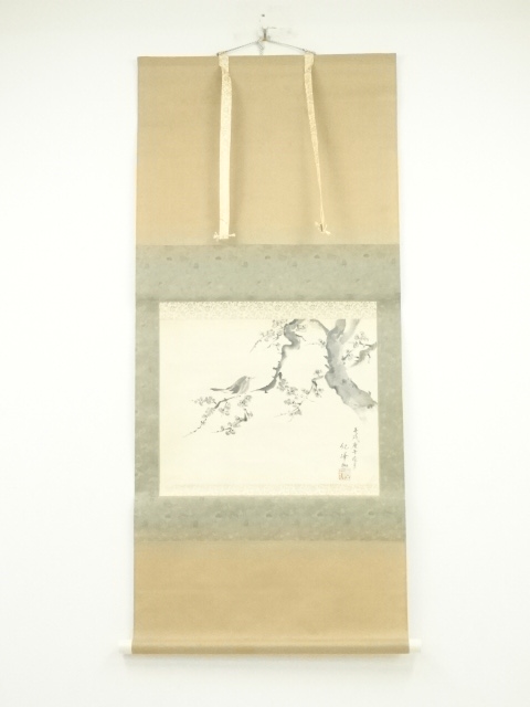 JAPANESE HANGING SCROLL / HAND PAINTED / UME & NIGHTINGALE 